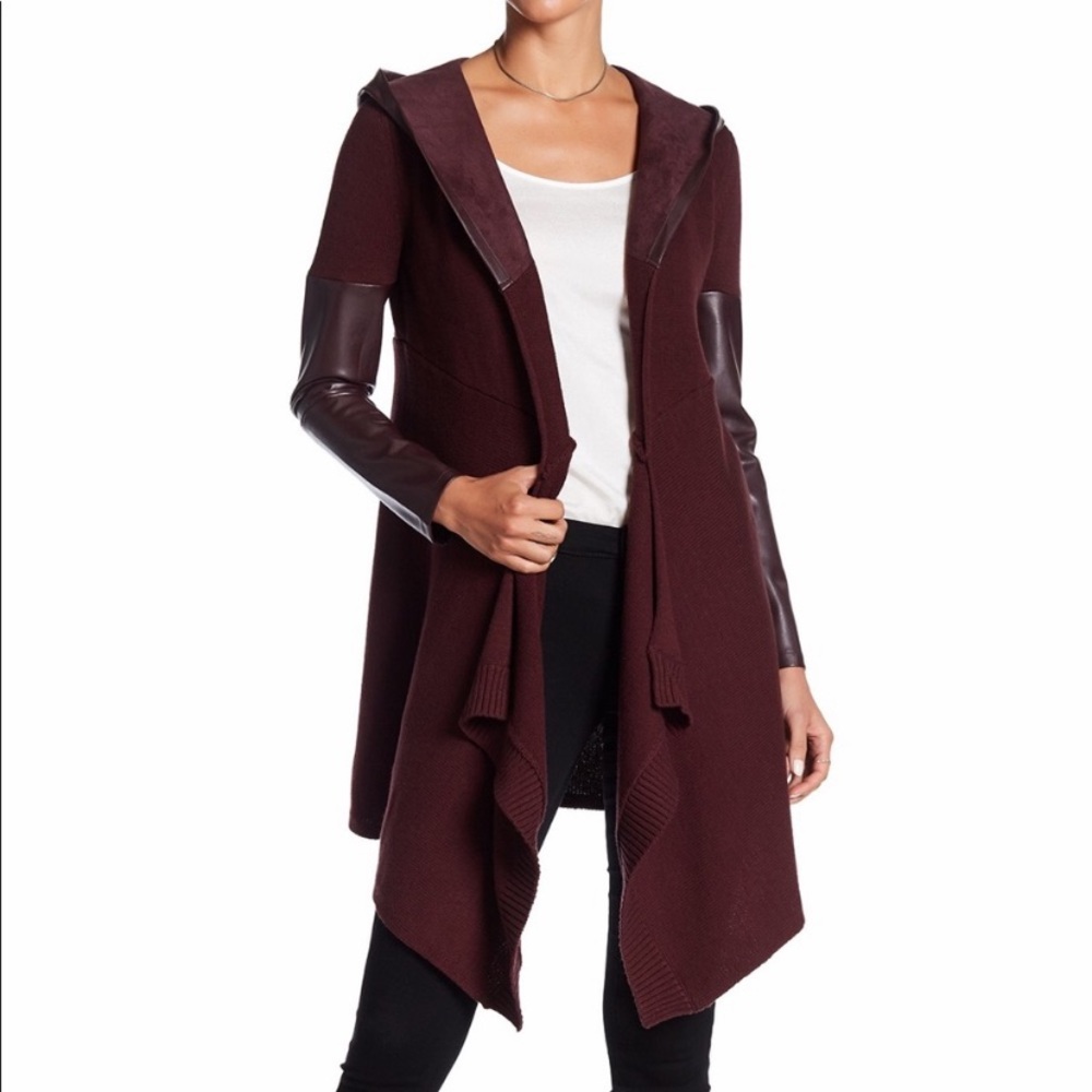 Blank NYC Sweater Jacket Faux Leather Sleeve Hood
